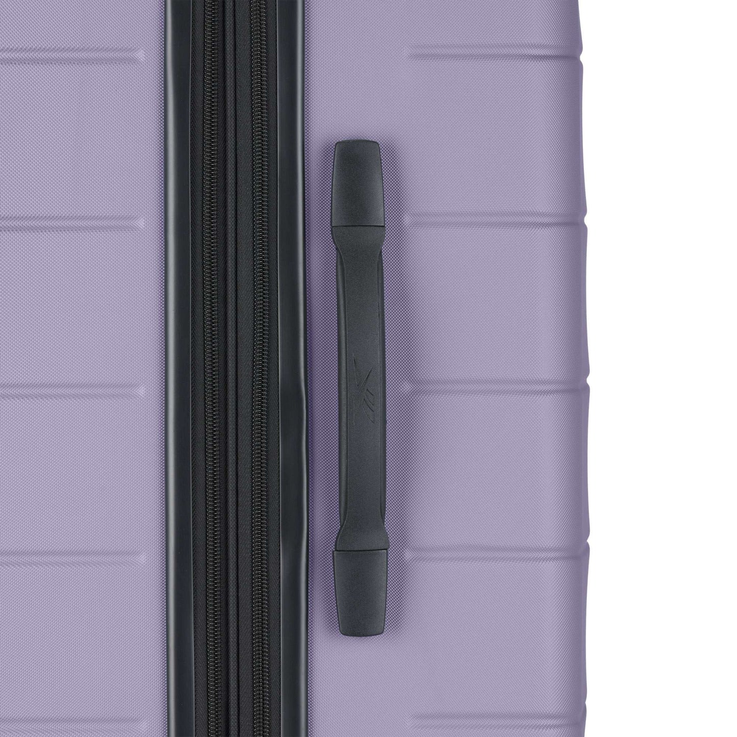 A close-up of the Reebok Captain 2 Piece Luggage Set shows its purple hard shell, black zipper and side handle, and smooth spinner wheels—blending durability with style.