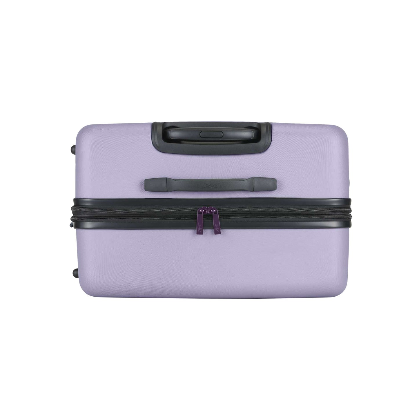 A closed Reebok Captain 2 Piece Luggage Set lavender hard-shell suitcase with black handles, purple zipper pulls, and spinner wheels is viewed from above against a white background.