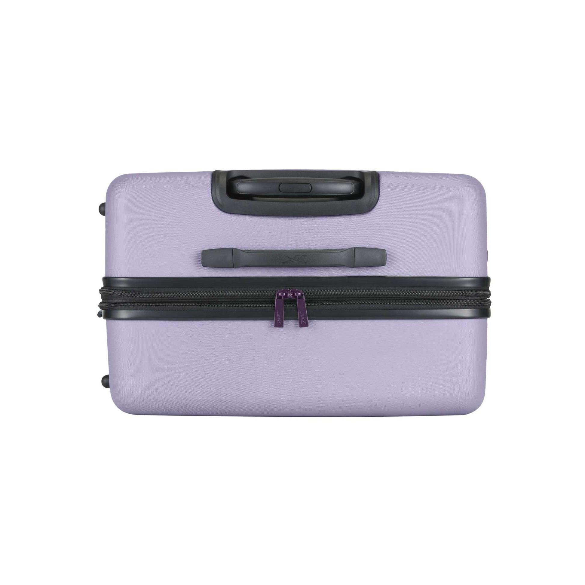 A closed Reebok Captain 2 Piece Luggage Set lavender hard-shell suitcase with black handles, purple zipper pulls, and spinner wheels is viewed from above against a white background.