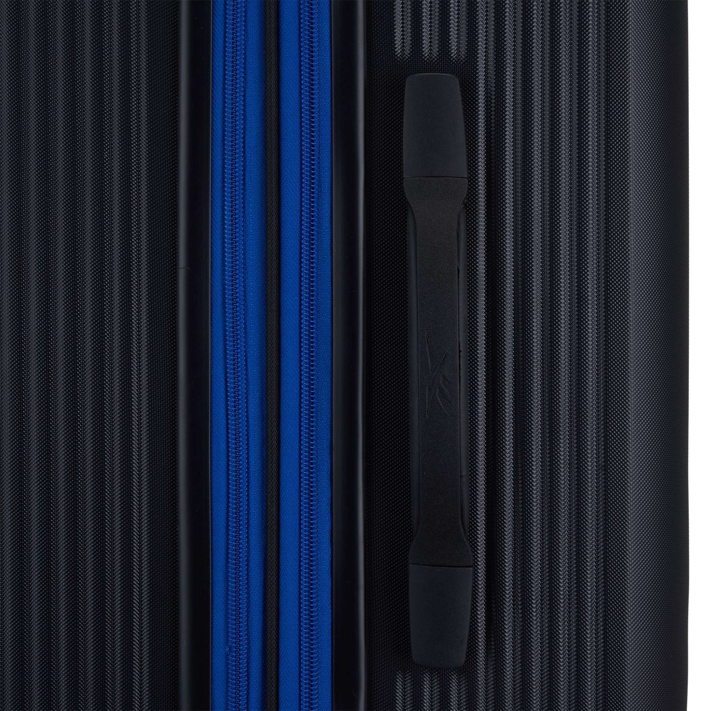 Close-up of the Reebok Action Duo 2 Piece Luggage Set, featuring a textured black design, blue zipper, and sturdy black handle on the right side.