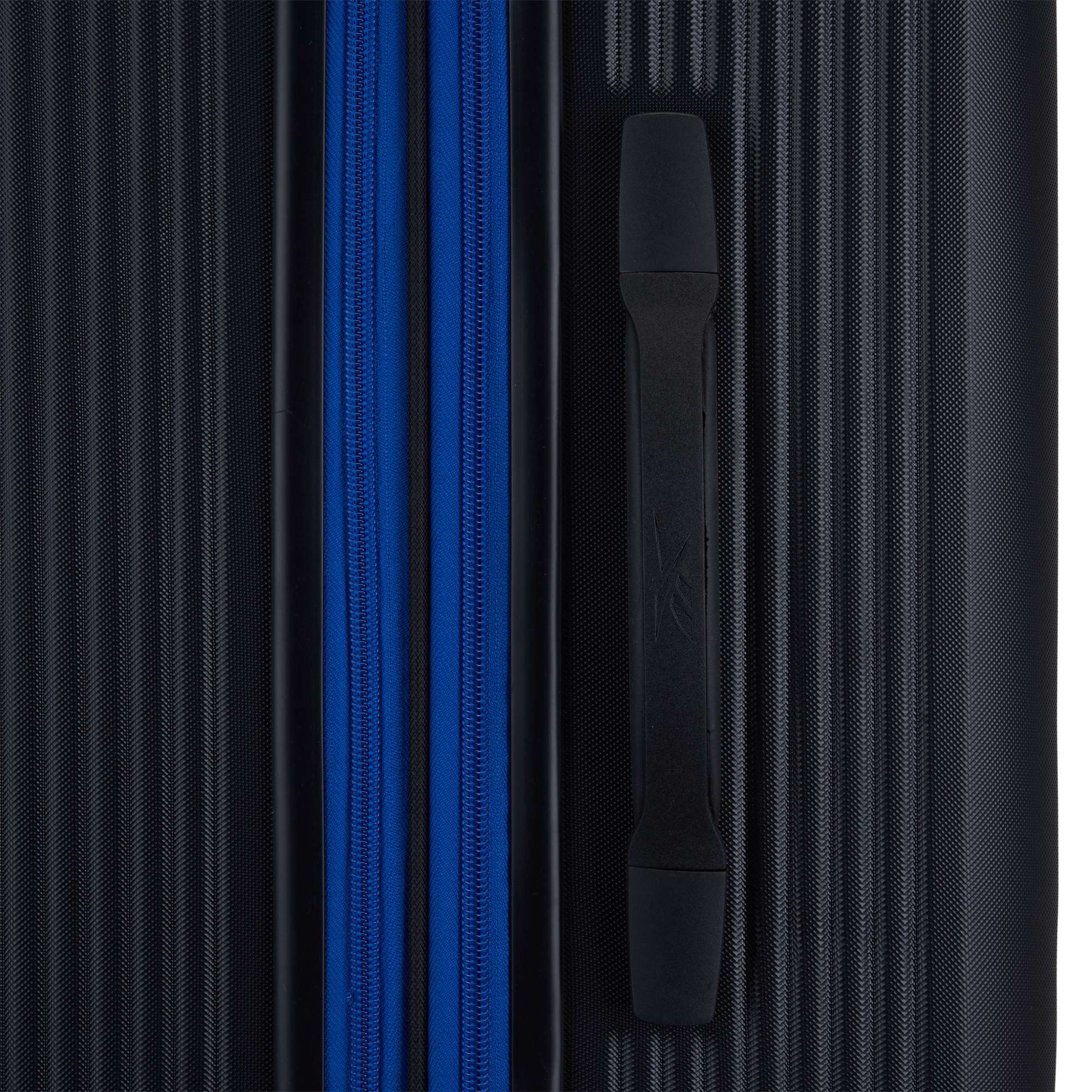 Close-up of the Reebok Action Duo 2 Piece Luggage Set, featuring a textured black design, blue zipper, and sturdy black handle on the right side.