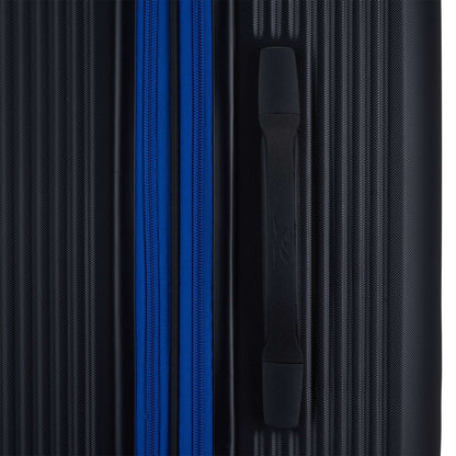 Close-up of the Reebok Action Duo 2 Piece Luggage Set, featuring a textured black design, blue zipper, and sturdy black handle on the right side.