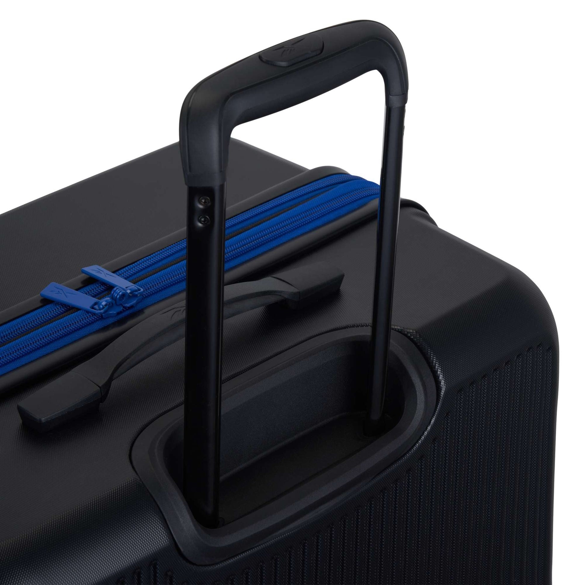 The Reebok Action Duo 2 Piece Luggage Set features a black, lightweight suitcase with a textured surface, spinner wheels, an extended telescopic handle, and a blue zipper along the top.