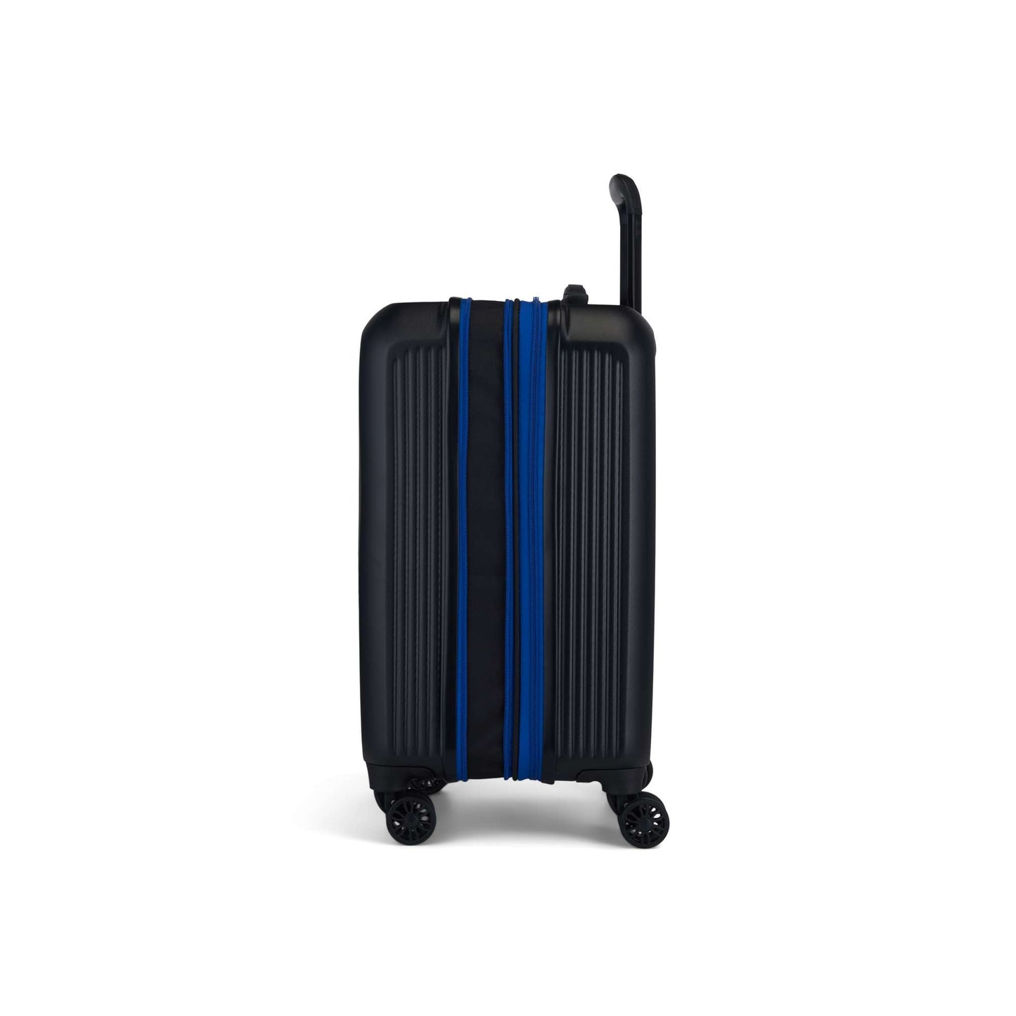 The Reebok Action Duo 2 Piece Luggage Set features a black lightweight suitcase with vertical grooves, blue zippers, spinner wheels, and an extended black handle, shown standing upright against a white background.
