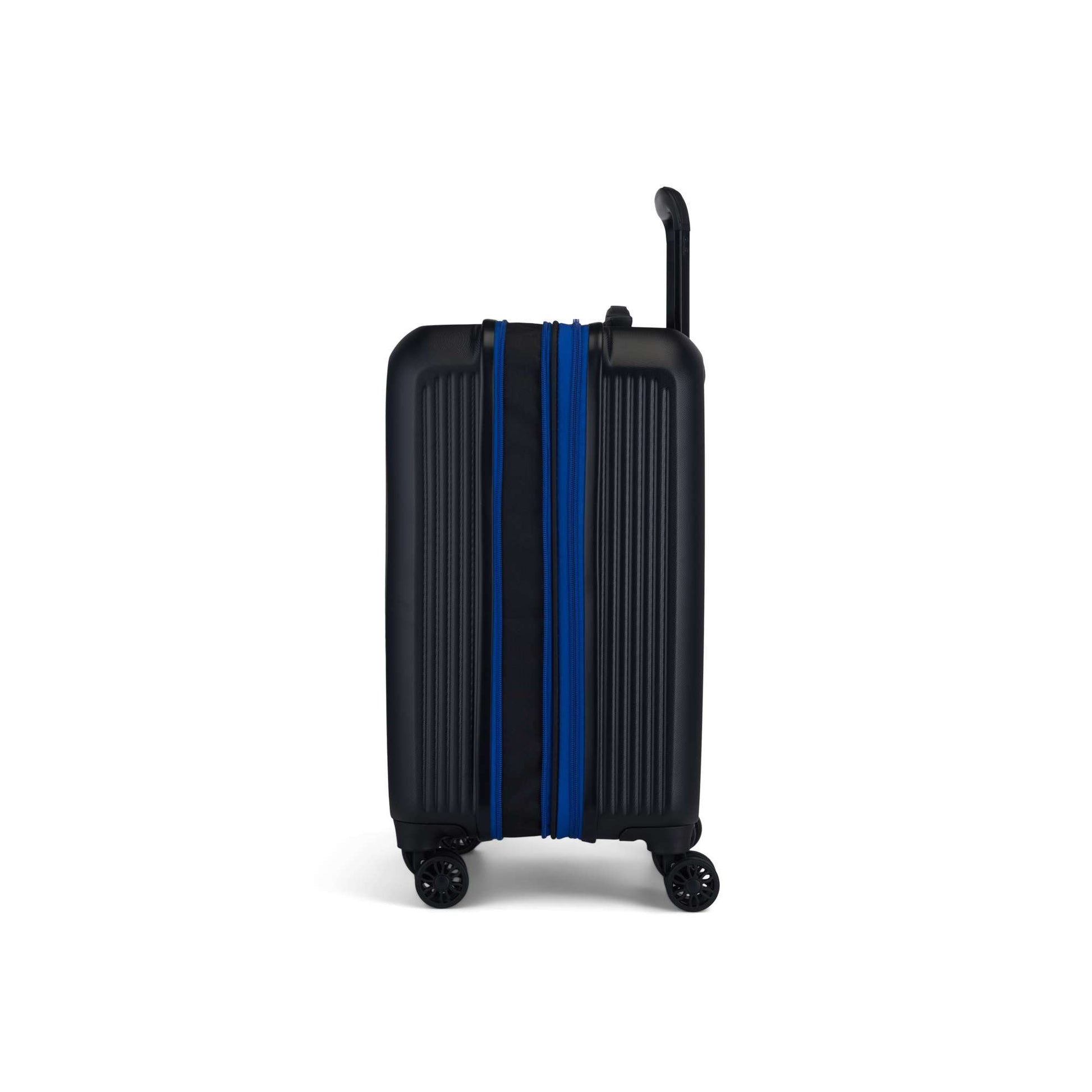 The Reebok Action Duo 2 Piece Luggage Set features a black lightweight suitcase with vertical grooves, blue zippers, spinner wheels, and an extended black handle, shown standing upright against a white background.