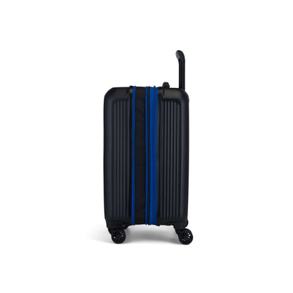 The Reebok Action Duo 2 Piece Luggage Set features a black lightweight suitcase with vertical grooves, blue zippers, spinner wheels, and an extended black handle, shown standing upright against a white background.
