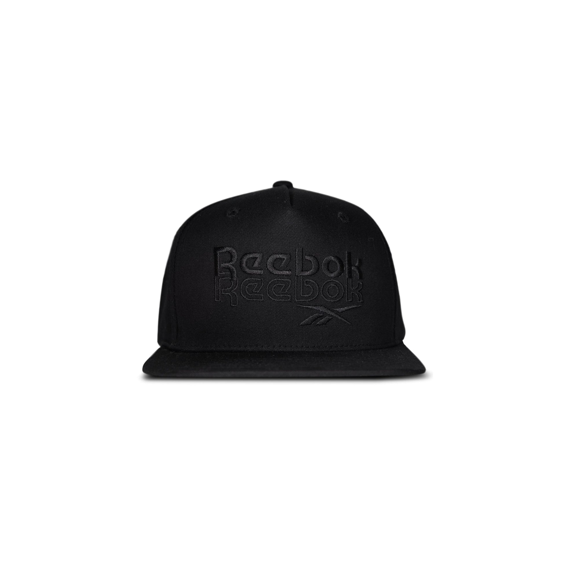 The Reebok Double Vision Cap is a black snapback street style hat with a flat brim and black embroidered Reebok logo and text on the front, displayed against a plain white background.