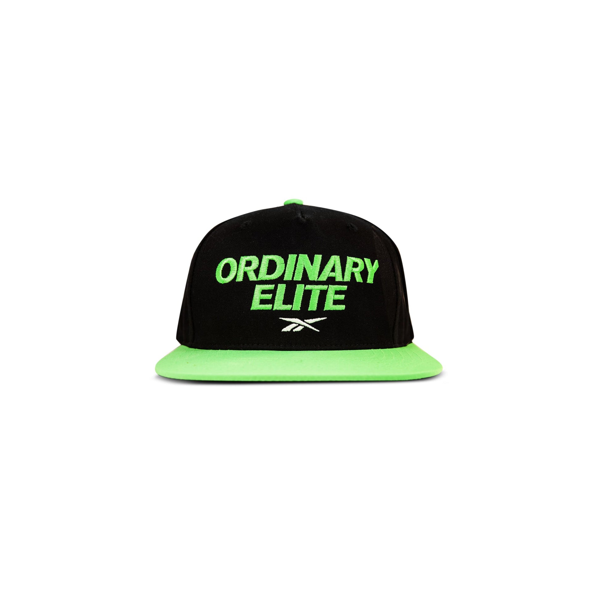 The Reebok Ordinary Elite Cap features a black design with a bright green flat brim, bold green "ORDINARY ELITE" embroidery on the front, a small white logo beneath, and an adjustable snapback closure for comfort.