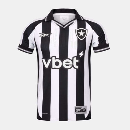 The Botafogo Men's Home Jersey by Reebok features black and white stripes, a collar, club crest, Reebok logo, vbet sponsor on the front, and black and white sleeve trim. The 25/26 version is shown on a plain gray background.