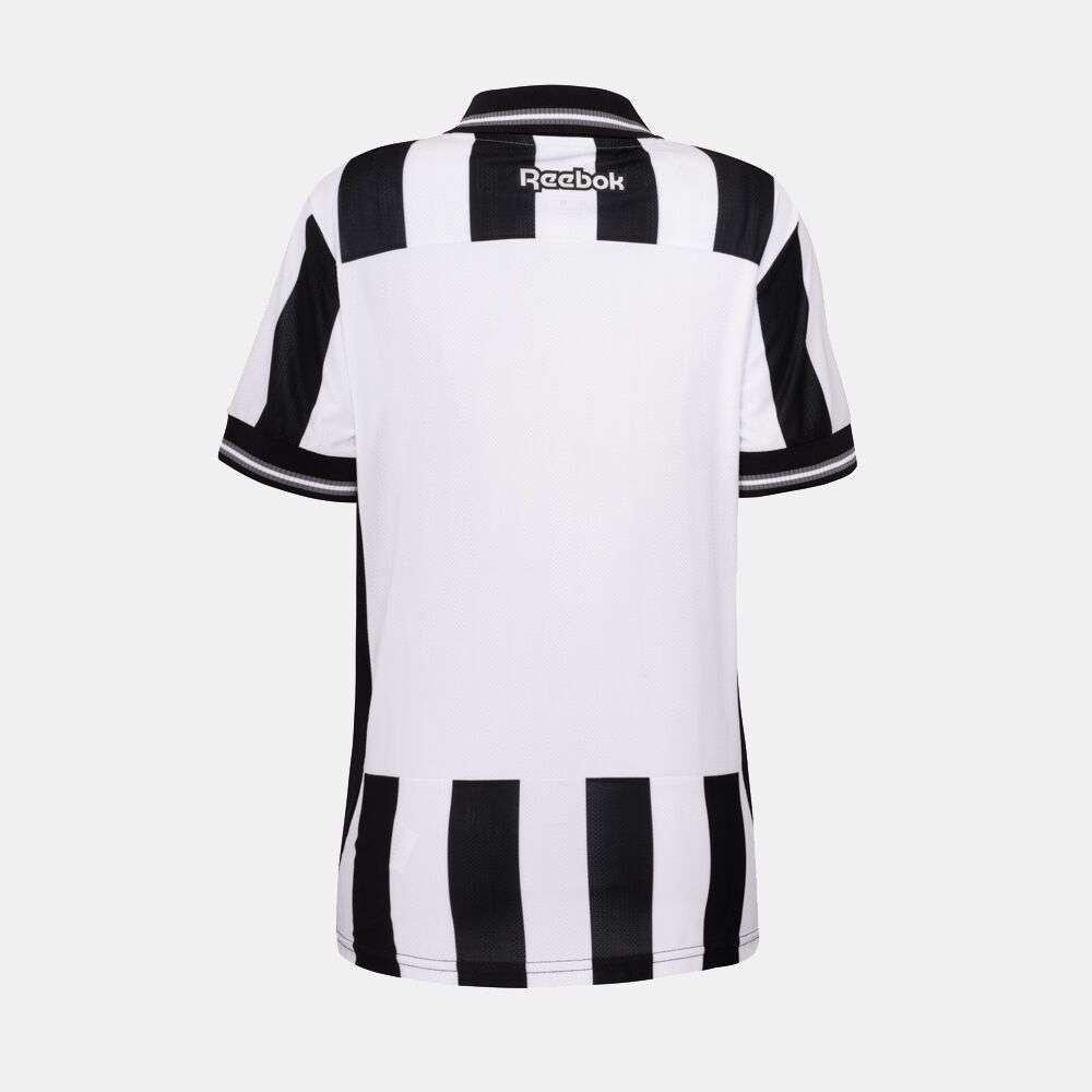 The Botafogo Women's Home Jersey by Reebok features black and white stripes, short sleeves, and a back view with the Reebok logo below the collar.