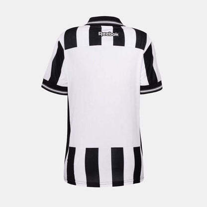The Botafogo Women's Home Jersey by Reebok features black and white stripes, short sleeves, and a back view with the Reebok logo below the collar.
