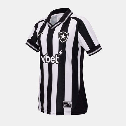 The Botafogo Women's Home Jersey by Reebok features black and white vertical stripes, a collar, club badge, and sponsor logos on the front—official 25/26 football shirt shown on a plain white background.
