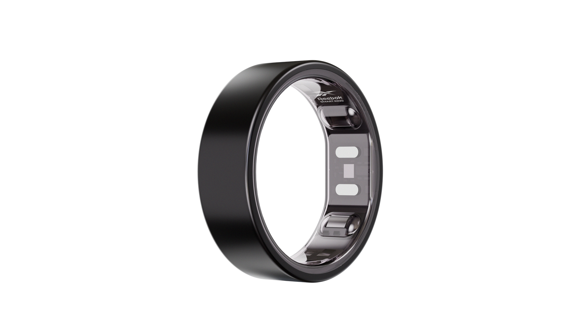 A sleek, black Reebok Smart Ring by Reebok stands upright against a plain white background, displaying small sensors and electronic components inside for biometric data tracking.