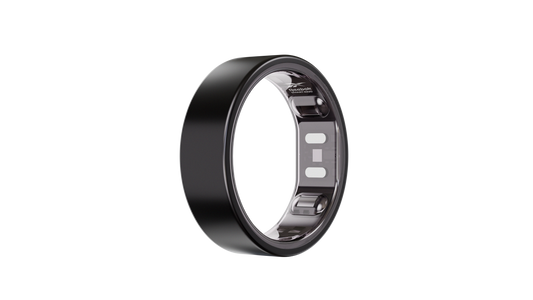 A sleek, black Reebok Smart Ring by Reebok stands upright against a plain white background, displaying small sensors and electronic components inside for biometric data tracking.