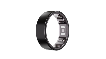 The Reebok Smart Ring by Reebok features a sleek black design with a metallic inner surface, embedded sensors, and electronic components for biometric tracking, shown against a plain white background.
