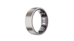 The Reebok Smart Ring, a sleek silver wearable by Reebok with visible inner-band sensors, is displayed upright against a plain white background.