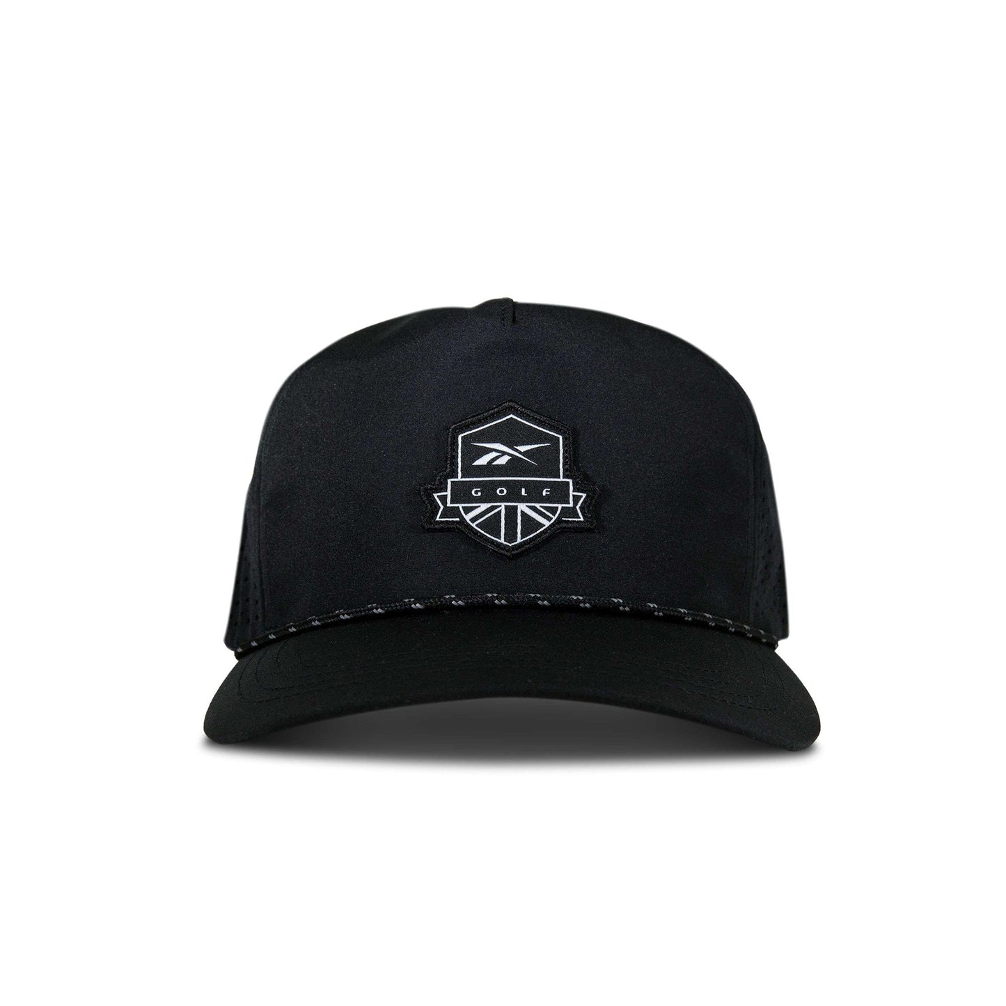 The Reebok Madison II Golf Hat is a black cap made from recycled polyester with a white embroidered polygon logo and GOLF on the front, featuring an adjustable snapback, shown against a plain white background.