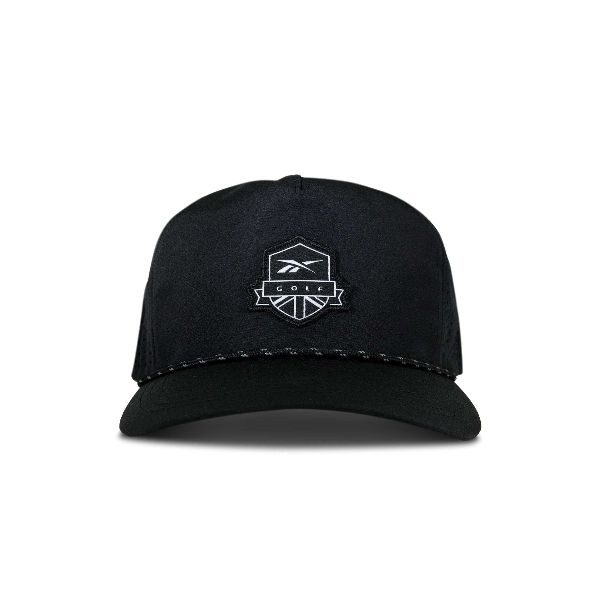 The Reebok Madison II Golf Hat is a black cap made from recycled polyester with a white embroidered polygon logo and GOLF on the front, featuring an adjustable snapback, shown against a plain white background.