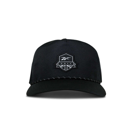 The Reebok Madison II Golf Hat is a black cap made from recycled polyester with a white embroidered polygon logo and GOLF on the front, featuring an adjustable snapback, shown against a plain white background.
