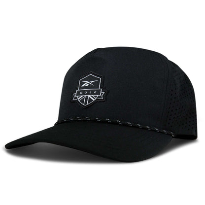 The Reebok Madison Ii is a black baseball cap with a curved brim, featuring a stitched white logo and “GOLF” on the front. Made from recycled polyester, it has perforated holes, an adjustable snapback, and a black-and-white cord above the brim.