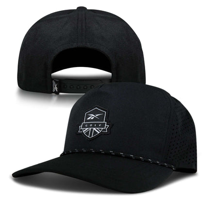 Two black Madison II adjustable snapback caps from Reebok are shown; one displays the front with a white logo, curved brim, and cord, while the other shows the back strap, side vents, and moisture-wicking sweatband.
