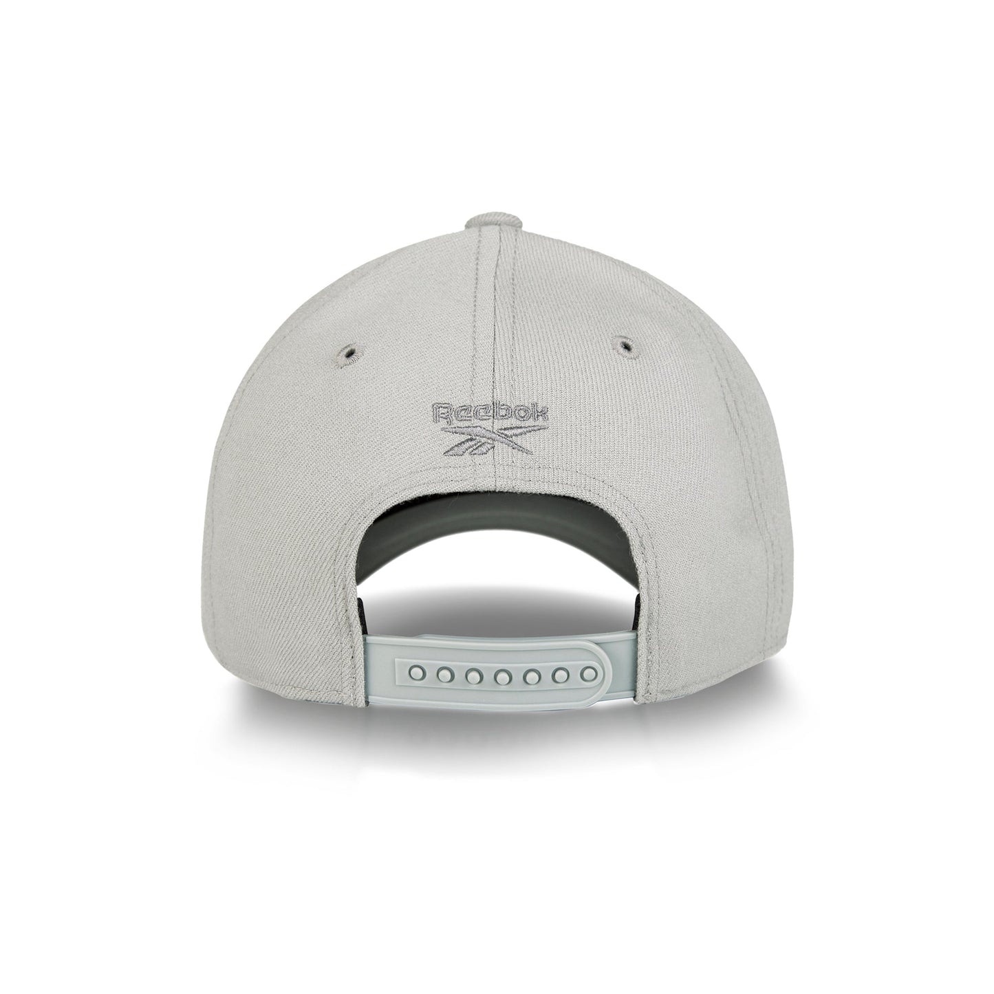 The Reebok Vector Baseball Cap in light gray is shown from the back, highlighting its adjustable snapback closure and embroidered classic Reebok logo above the opening.