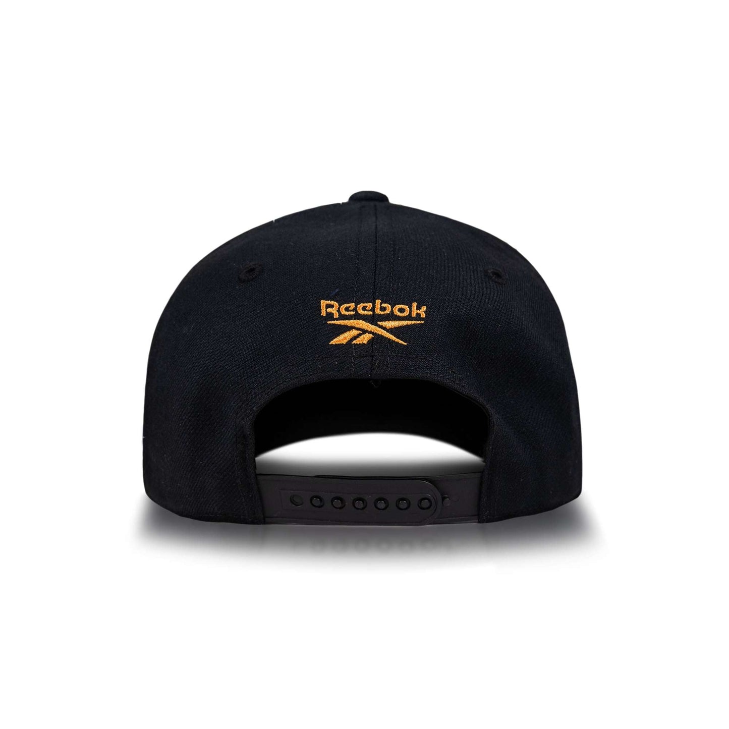 Reebok Vector Baseball Cap in black shown from the back, with an adjustable snap closure and yellow Reebok logo embroidery above the opening.