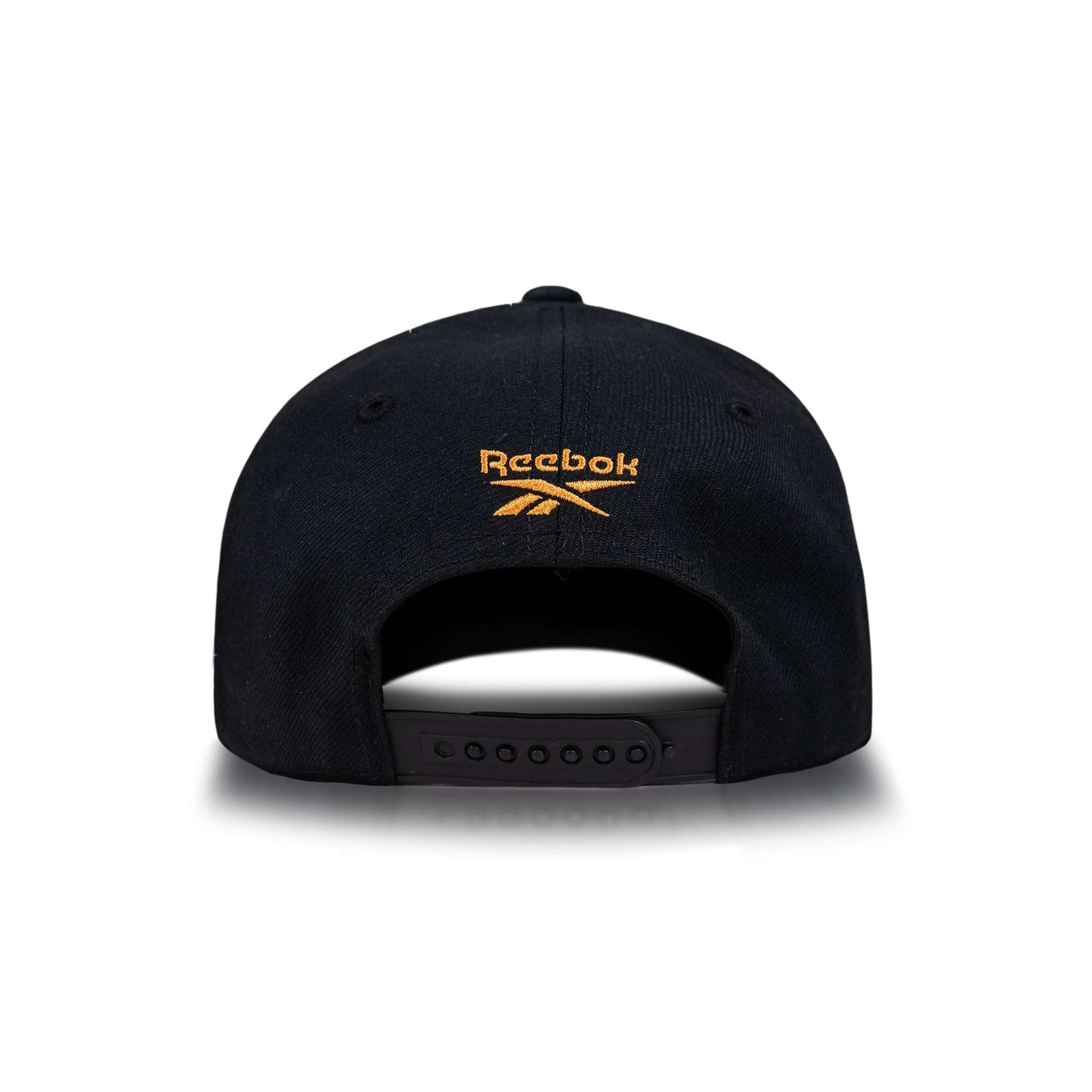 Reebok Vector Baseball Cap in black shown from the back, with an adjustable snap closure and yellow Reebok logo embroidery above the opening.