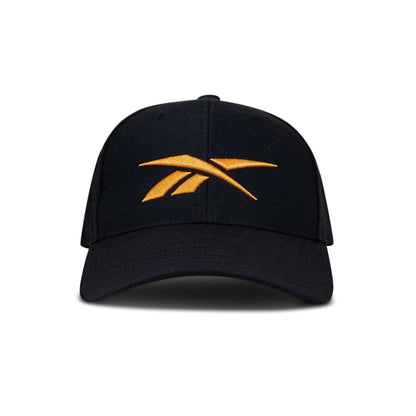 The Reebok Vector Baseball Cap is black with a large yellow embroidered logo on the front, displayed against a white background.
