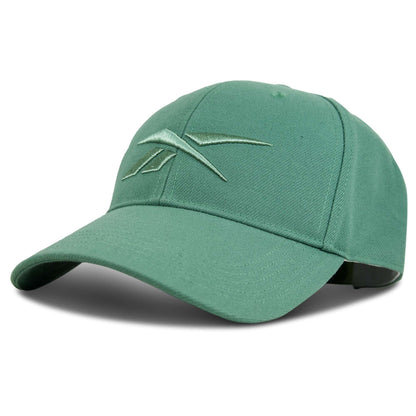 The Reebok Vector Baseball Cap in green features an embroidered abstract front logo, sustainable design, and an adjustable snapback closure for comfort. Displayed on a plain white background.
