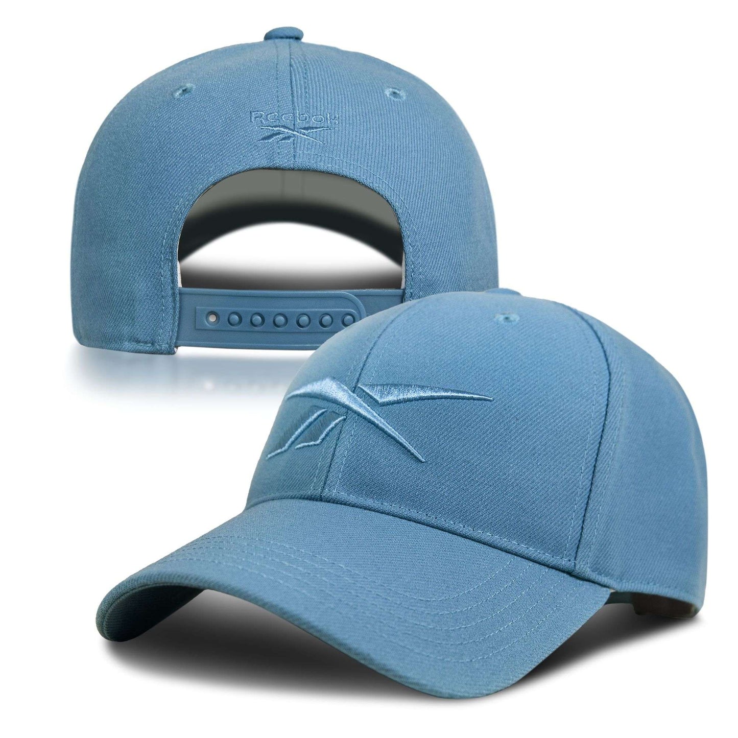 A light blue Reebok Vector Baseball Cap is shown from front and back, featuring an embroidered Reebok logo on the front and an adjustable snapback closure on the back for a custom fit.