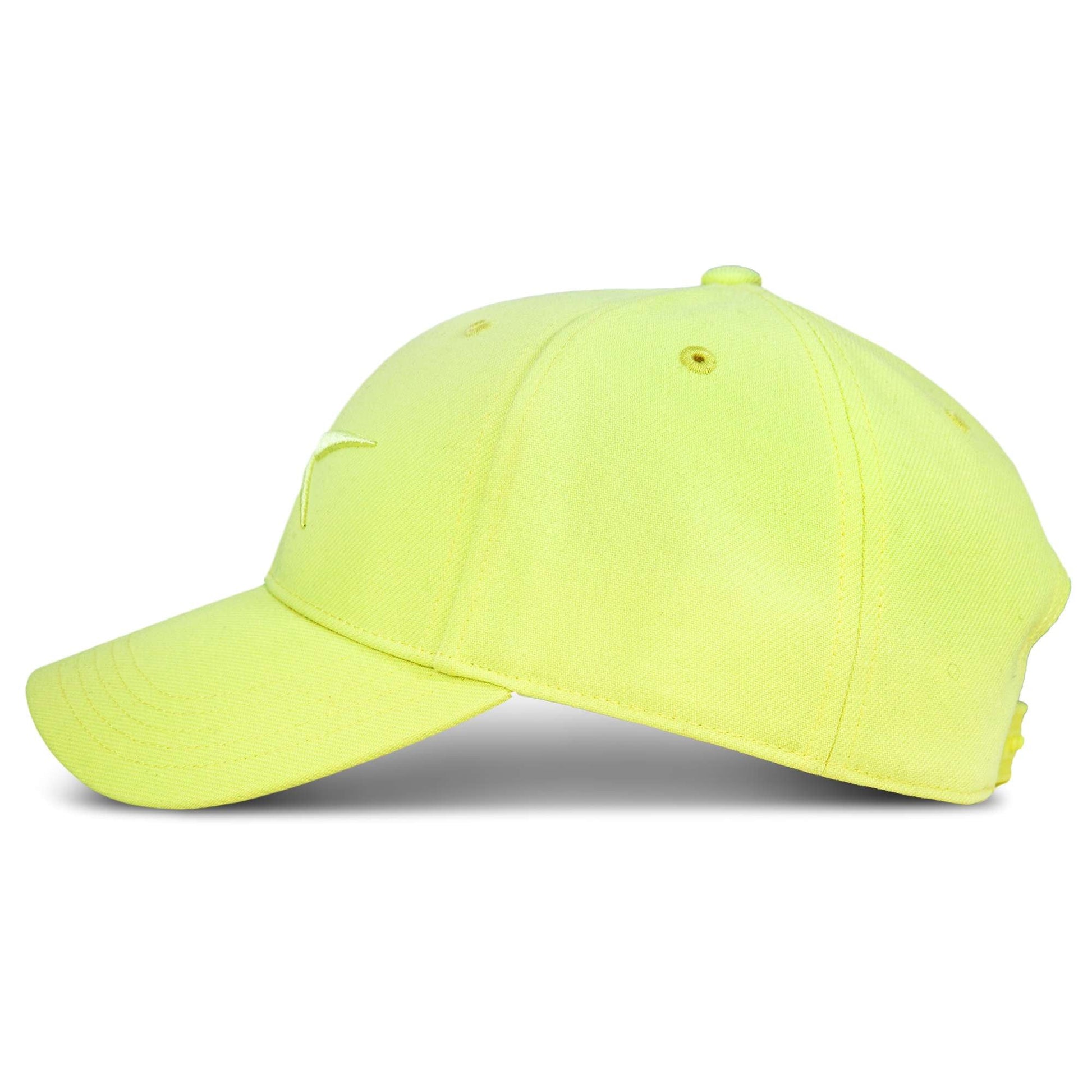 A neon yellow Reebok Vector Baseball Cap is shown from the side, with a curved brim, ventilation eyelets, and an adjustable snapback closure for comfort.