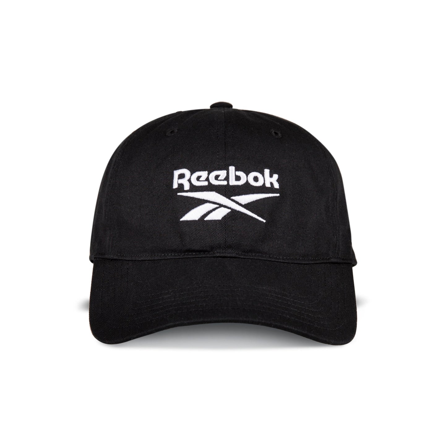 The Reebok Logo Cap is a black cotton twill cap with the Reebok logo and name embroidered in white on the front panel, featuring an adjustable buckle closure for comfort.
