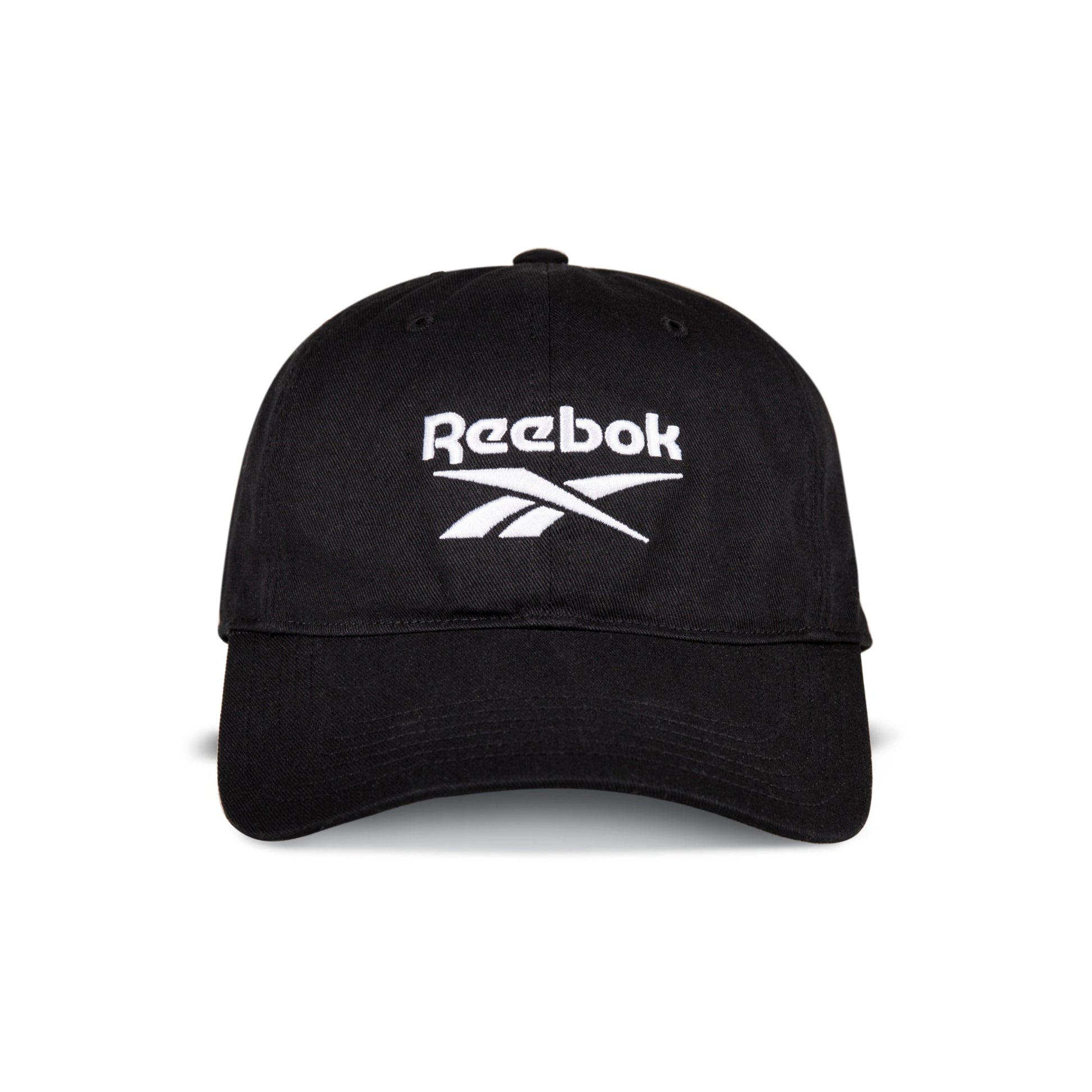 The Reebok Logo Cap is a black cotton twill cap with the Reebok logo and name embroidered in white on the front panel, featuring an adjustable buckle closure for comfort.