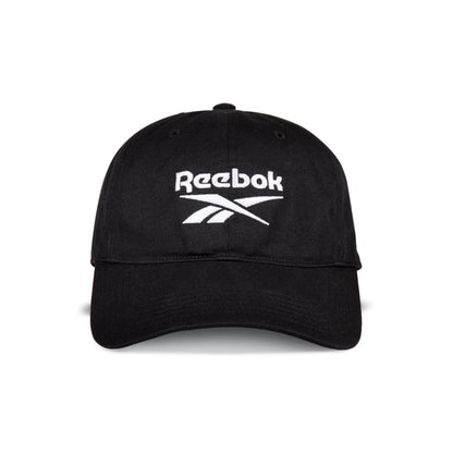 The Reebok Logo Cap is a black cotton twill cap with the Reebok logo and name embroidered in white on the front panel, featuring an adjustable buckle closure for comfort.