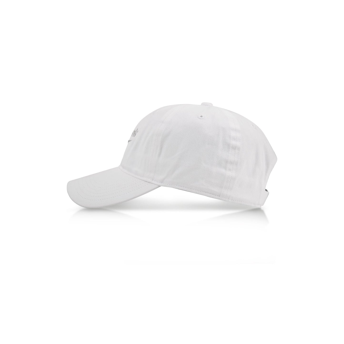 The Reebok Logo Cap is shown from the side, featuring a curved brim, visible stitching, and an adjustable buckle closure, set against a white background.