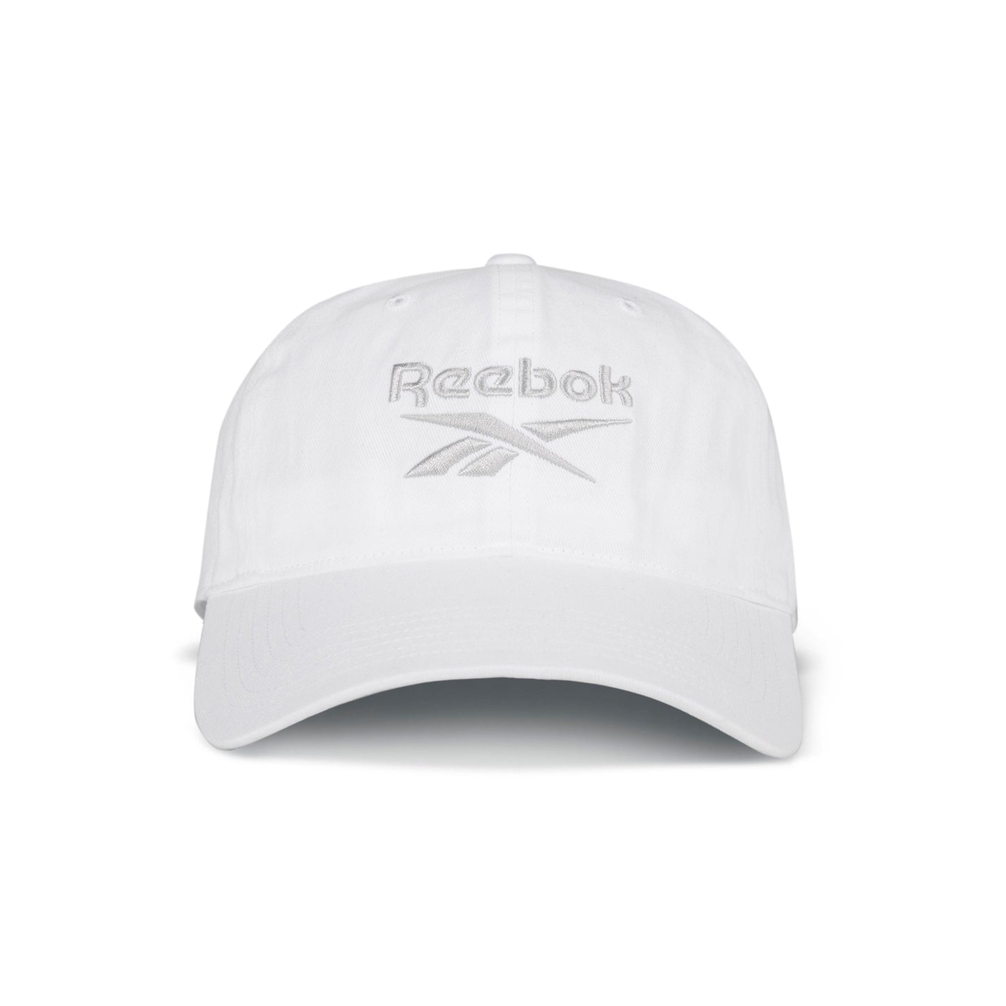 The Reebok Logo Cap is a classic white cotton twill cap with a curved brim, light gray Reebok logo embroidery on the front, and an adjustable buckle closure for a perfect fit.
