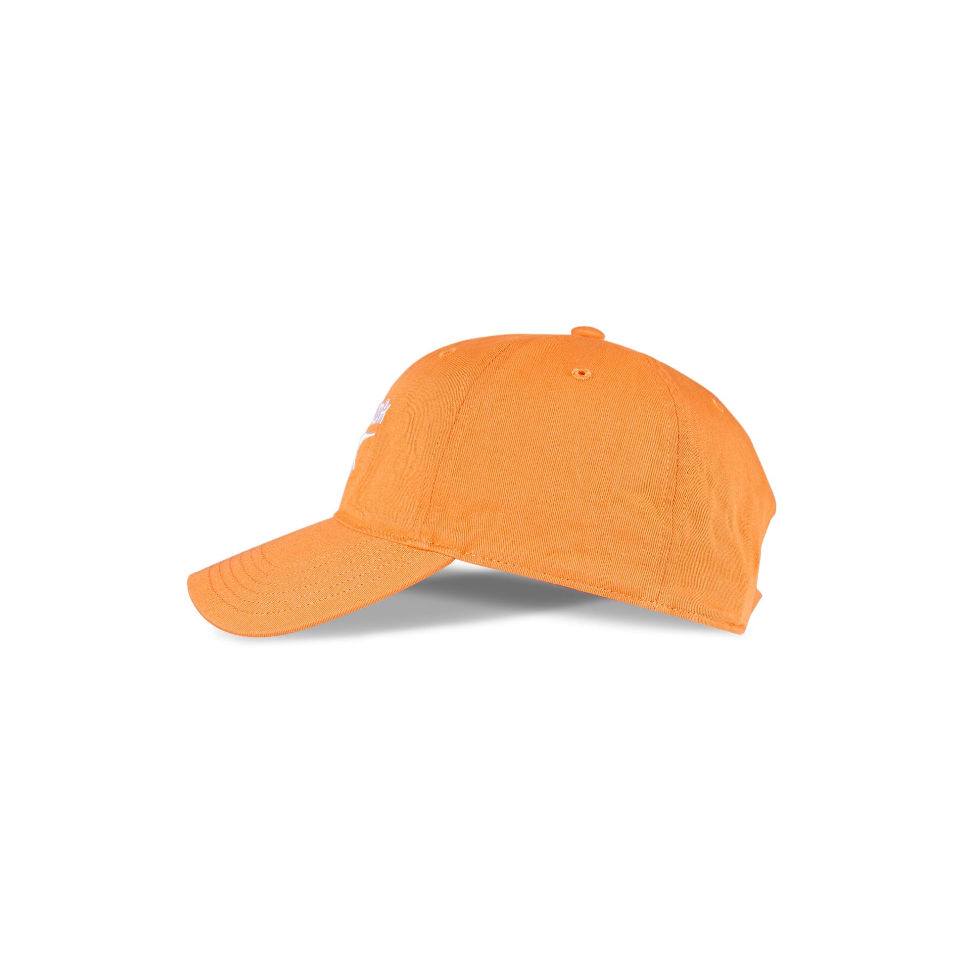 A side view of the Reebok Logo Cap is displayed on a white background, highlighting its orange cotton twill fabric, curved brim, visible stitching, and adjustable buckle closure for a tailored fit.