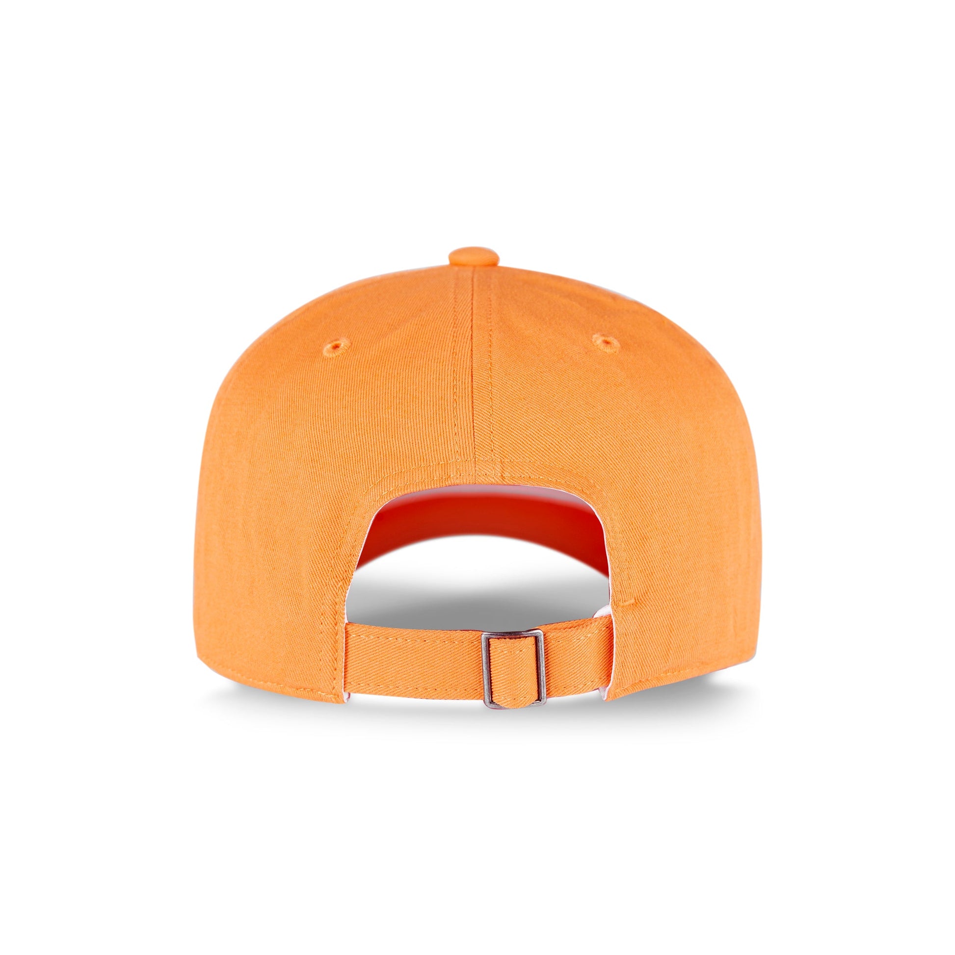 The Reebok Logo Cap in orange cotton twill is shown from the back, featuring an adjustable metal buckle closure and two stitched ventilation eyelets on each side.