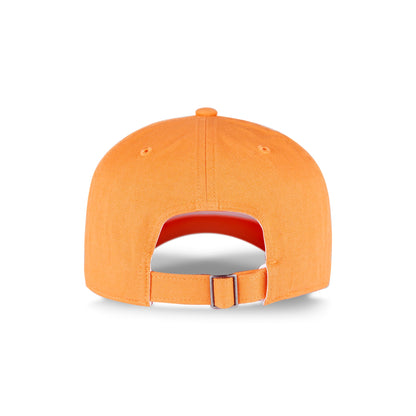 The Reebok Logo Cap in orange cotton twill is shown from the back, featuring an adjustable metal buckle closure and two stitched ventilation eyelets on each side.