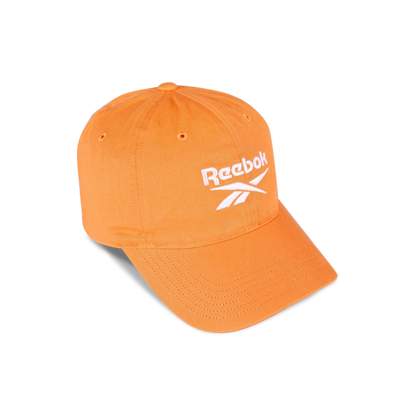 A Reebok Logo Cap, crafted from orange cotton twill with a curved brim, white front embroidered logo, and adjustable buckle closure, is shown on a white background.