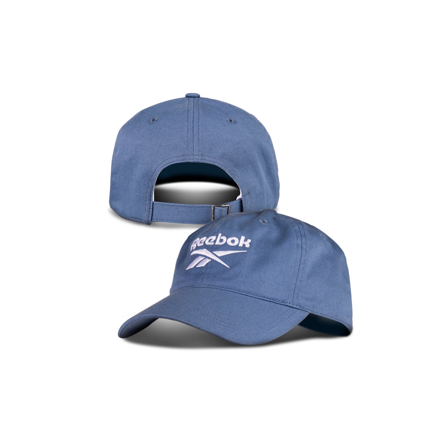 The Reebok Logo Cap is made from blue cotton twill, featuring a white Reebok logo on the front and an adjustable buckle strap with metal clasp at the back.