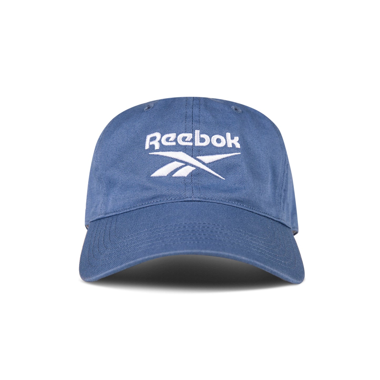 The Reebok Logo Cap features a curved brim and front white logo embroidery. Made from cotton twill with an adjustable buckle for comfort, this cap is shown against a white background.