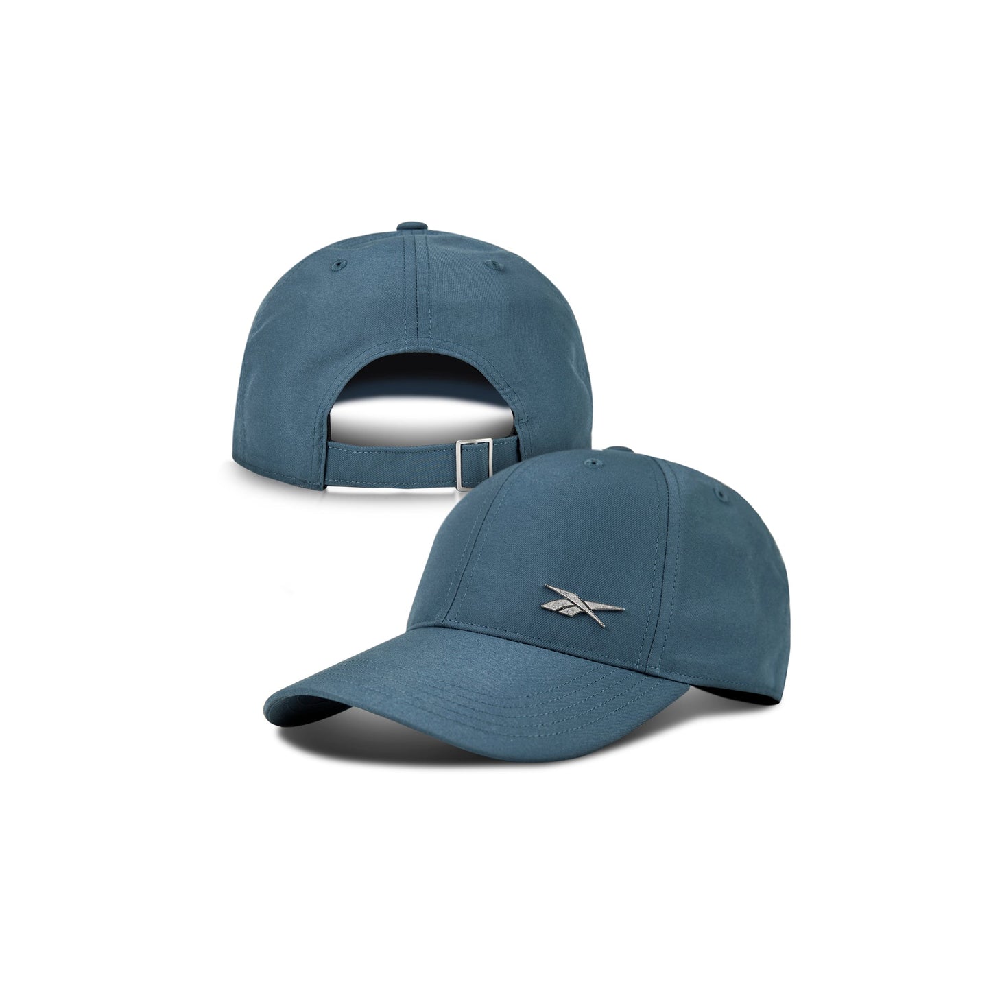 Two Reebok Badge Caps are shown: one displays the front with a silver logo, the other shows the adjustable back strap and metal buckle. Both caps feature moisture-wicking fabric, curved brims, and stitched eyelets.
