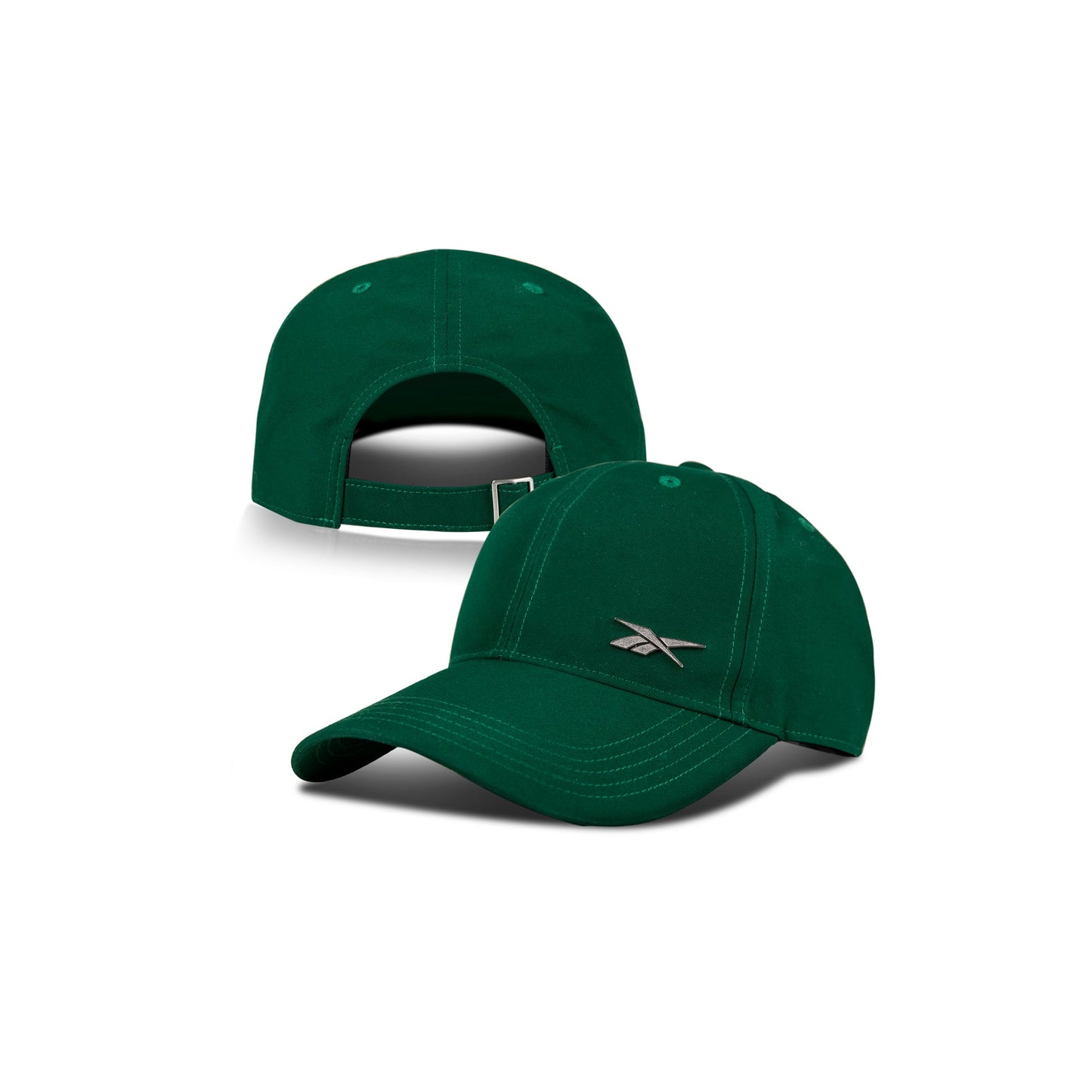 Two green Reebok Badge Caps are shown—one facing forward with a silver logo, the other backward to display an adjustable strap. Both highlight visible stitching and include a Speedwick sweatband for moisture-wicking comfort.
