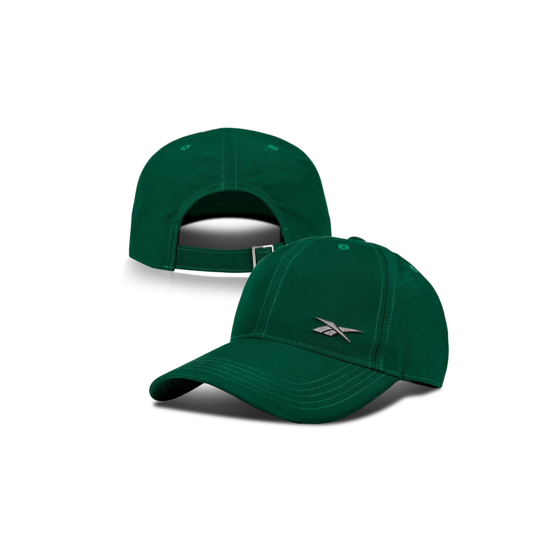 Two green Reebok Badge Caps are shown—one facing forward with a silver logo, the other backward to display an adjustable strap. Both highlight visible stitching and include a Speedwick sweatband for moisture-wicking comfort.