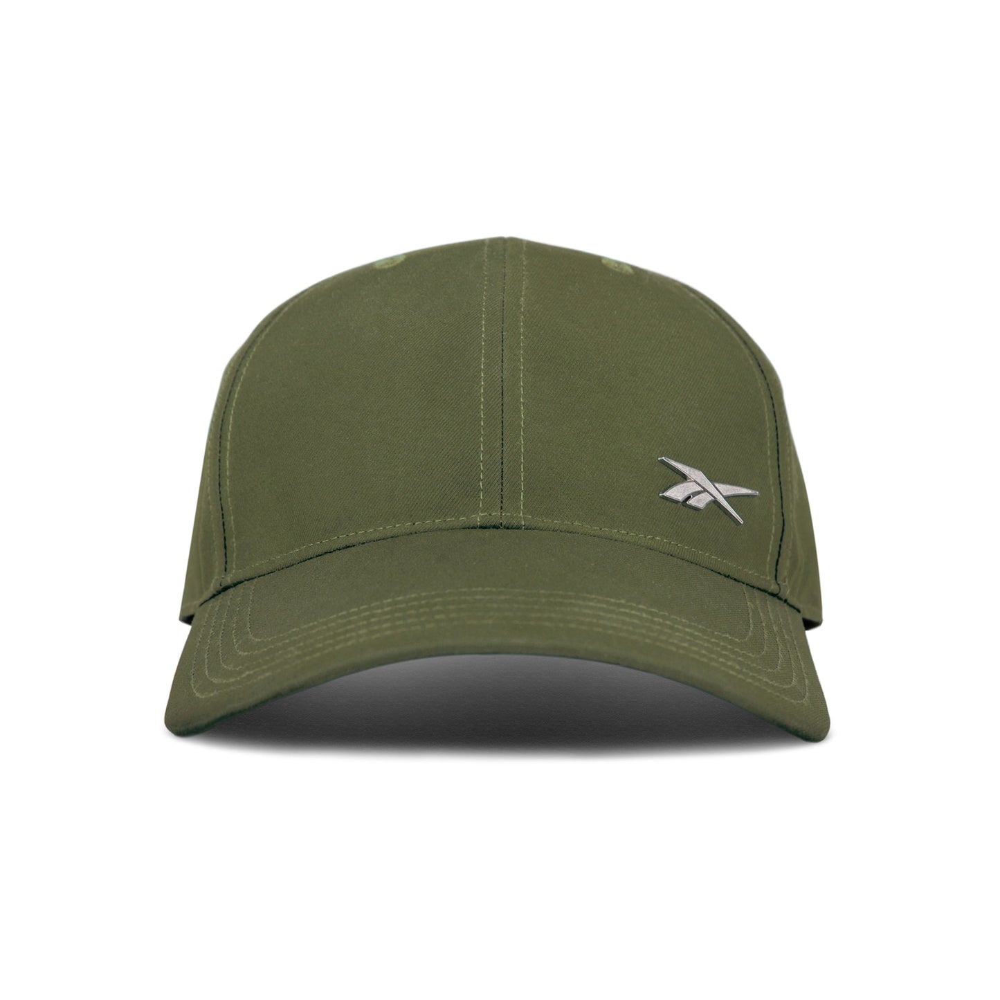 Front view of the Reebok Badge Cap in olive green, featuring a curved brim and a small white embroidered logo on the front left panel.