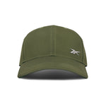 Front view of the Reebok Badge Cap in olive green, featuring a curved brim and a small white embroidered logo on the front left panel.