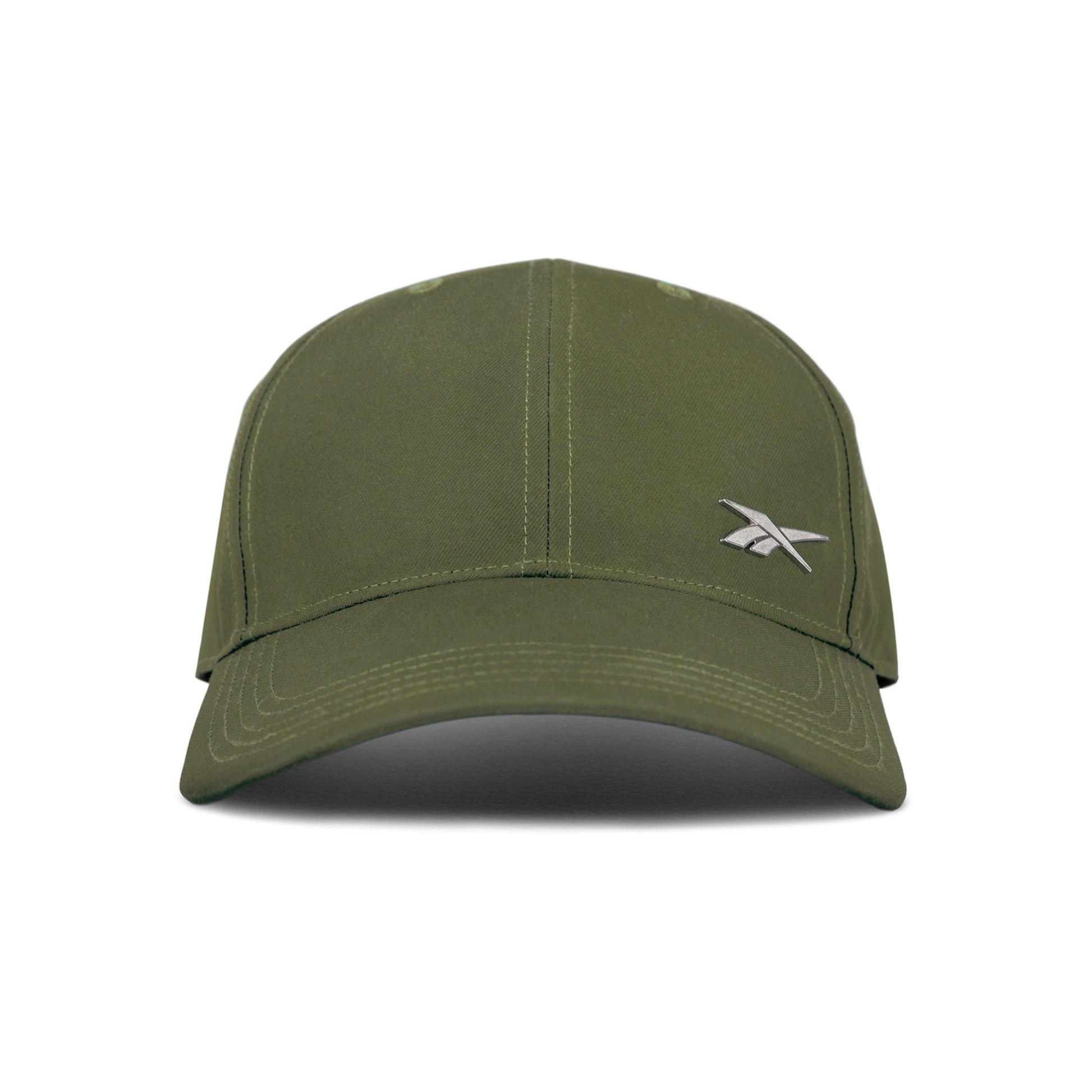 Front view of the Reebok Badge Cap in olive green, featuring a curved brim and a small white embroidered logo on the front left panel.