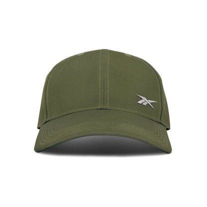 Front view of the Reebok Badge Cap in olive green, featuring a curved brim and a small white embroidered logo on the front left panel.
